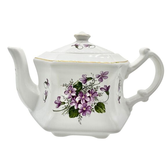 Vtg Kernewek Teapot w Lid English Bone China Hexagonal White w Purple Florals - Picture 1 of 9